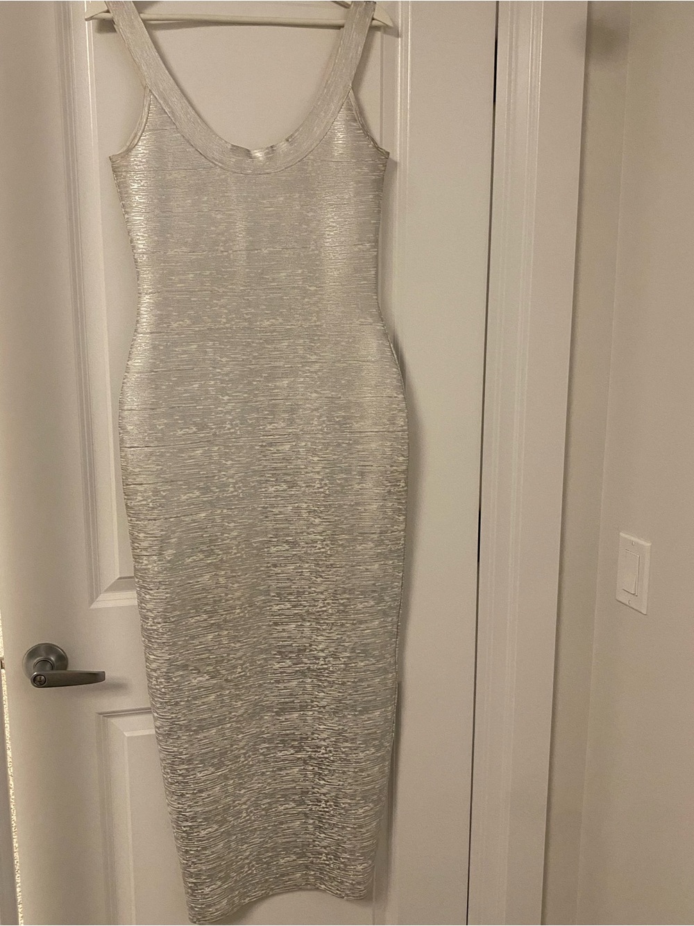 Sleeveless Metallic Silver Bandage Dress: Size M